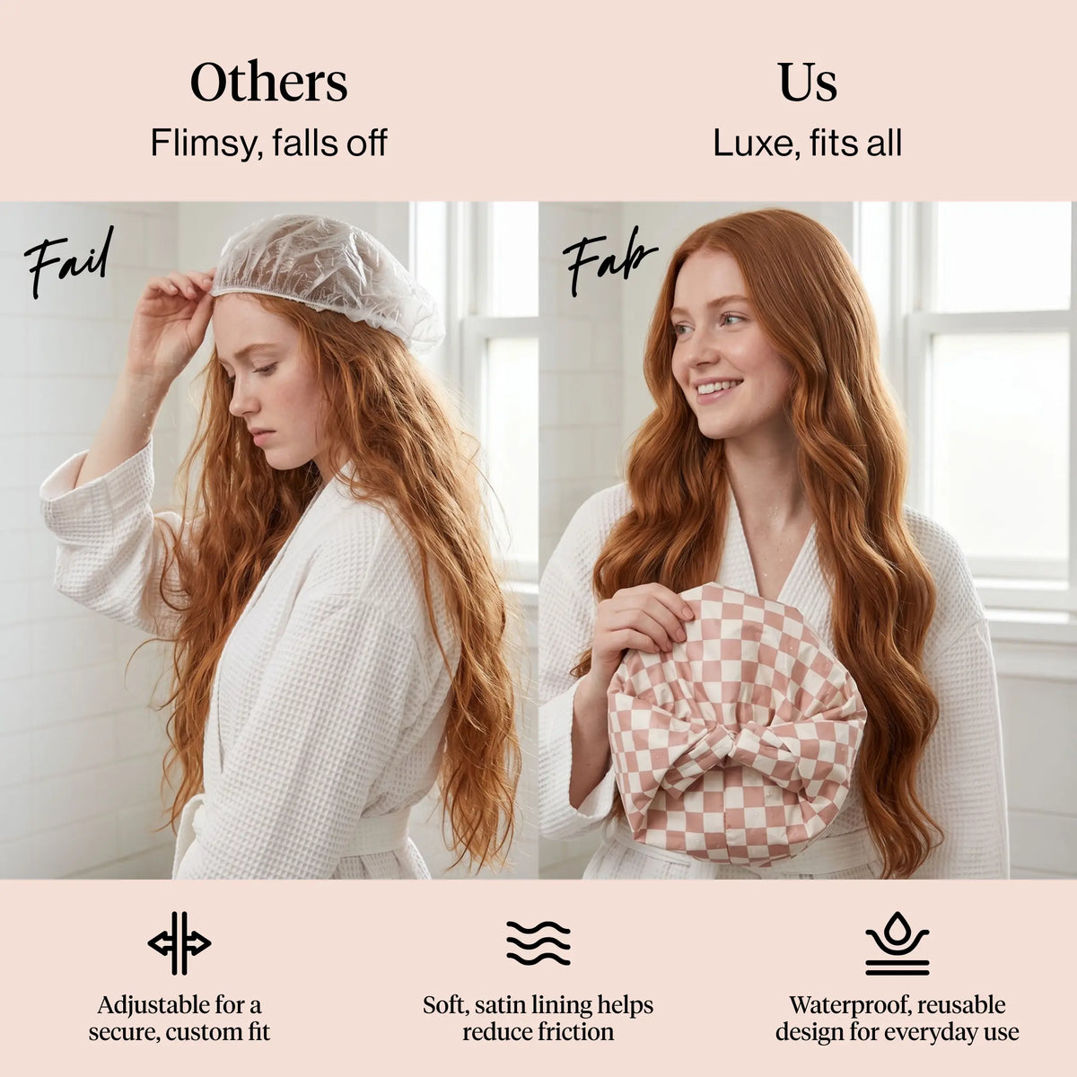 All Lengths Adjustable Satin Shower Cap — Reusable Waterproof for Long Short Hair, Blowout & Braids Protection