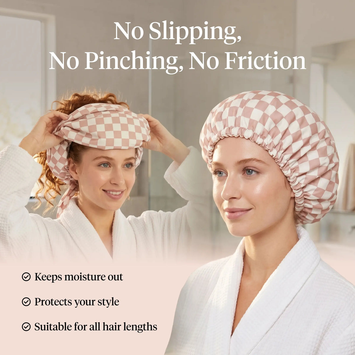 All Lengths Adjustable Satin Shower Cap — Reusable Waterproof for Long Short Hair, Blowout & Braids Protection