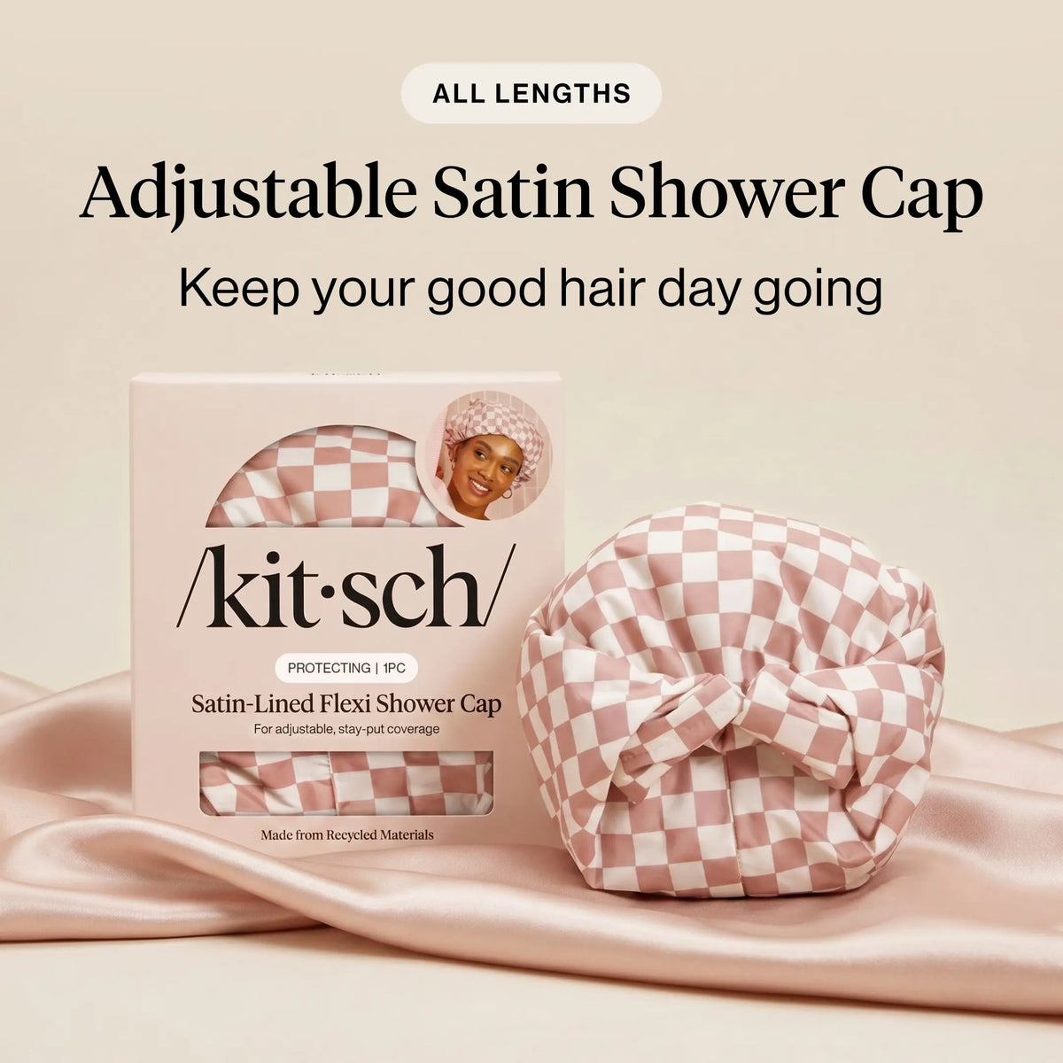 All Lengths Adjustable Satin Shower Cap — Reusable Waterproof for Long Short Hair, Blowout & Braids Protection